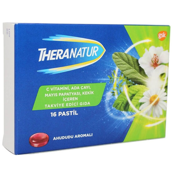Theranatur ahududu aromalı 16 pastil, 60 mg C vitamini, adaçayı, tıbbi nane, mayıs papatyası, hatmi kökü, kekik ekstresi- 1