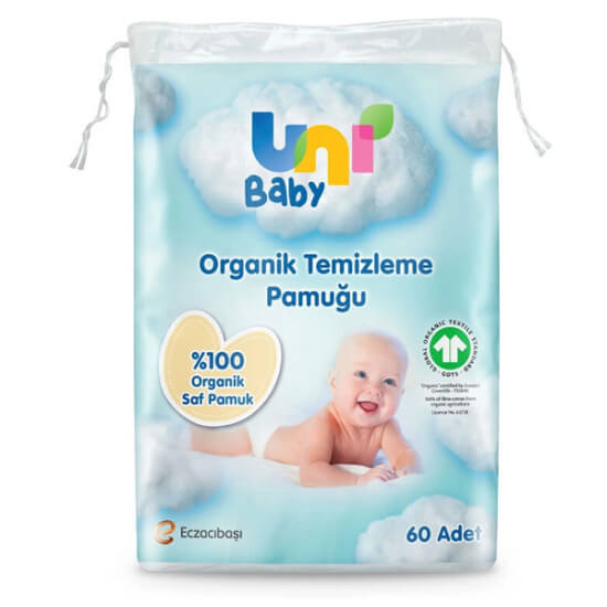 Uni Baby Organik Temizleme Pamuğu 60lı paket %100 organik pamuk bebek temizleme pamuğu 60 adet- 1