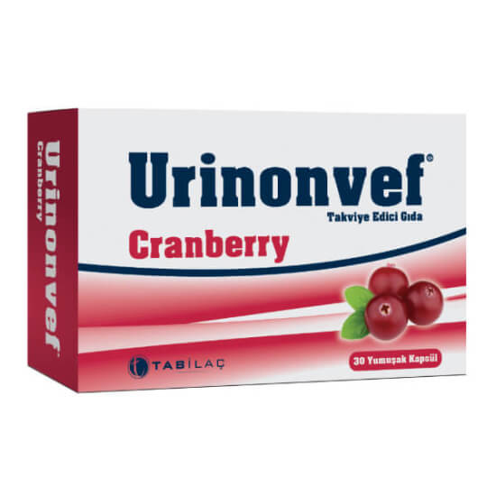 Urinonvef 30 kapsül gıda takviyesi, 200 mg patentli cranberry Pacran içeren yumuşak kapsül ürün kutusu- 1
