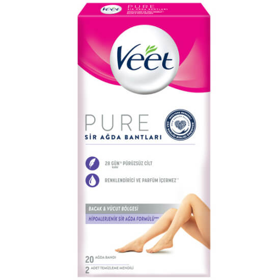 Veet Pure hipoalerjenik sir ağda bandı 20'li bacak ve vücut için, 2 temizleme mendilli pratik epilasyon bandı- 1