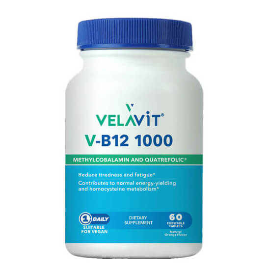 Velavit V B12 1000 µg çiğneme tableti 60 tablet takviye edici gıda folik asit 400 µg içeren ürün kutusu- 1
