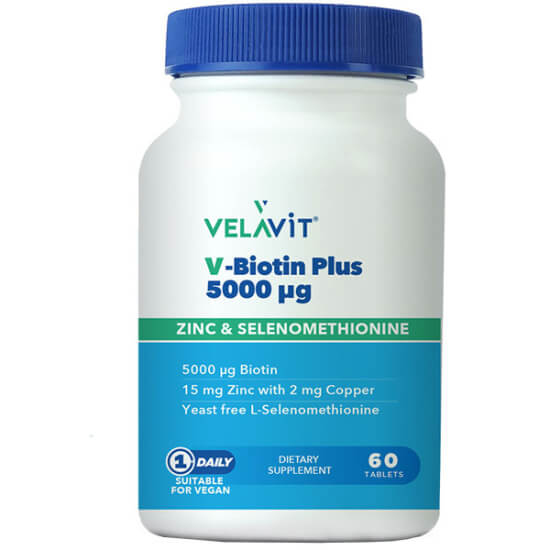 Velavit V Biotin Plus 5000 mcg 60 tablet gıda takviyesi biotin çinko bakır selenyum içeren kutu- 1
