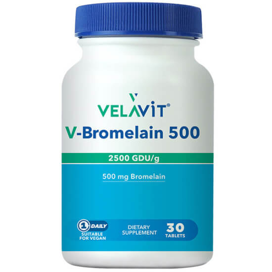 Velavit V Bromelain 500 mg 30 tablet sindirim destek takviyesi, bromelain 2500 GDU/g enzim içeren kutu- 1