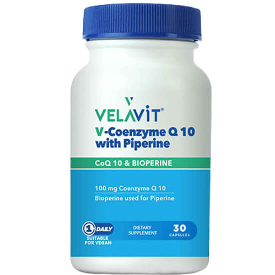 Velavit V Coenzyme Q10 with Piperine 30 kapsül, her kapsülde 100 mg koenzim Q10 ve 5 mg BioPerine- 1