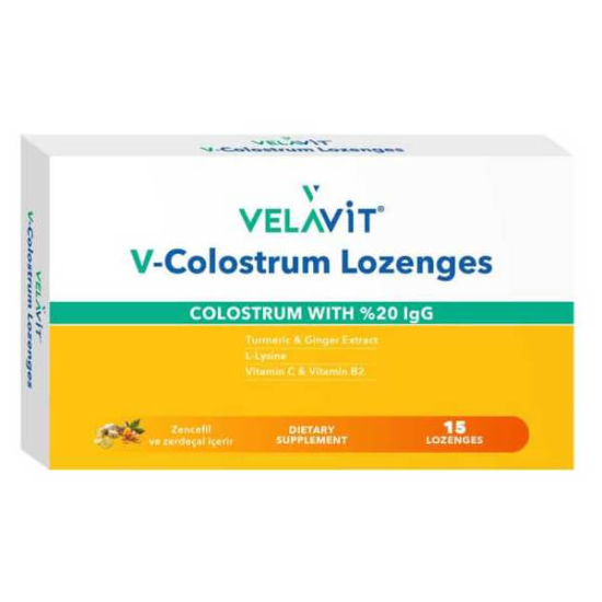 Velavit V Colostrum Lozenges 15 pastil kutusu, %20 IgG kolostrum, C vitamini 40 mg, L-Lizin 20 mg, stevia- 1