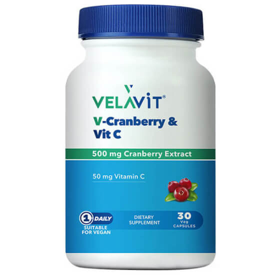 Velavit V Cranberry Vit C 30 kapsül takviye, 30 kapsül kutu, turna yemişi ekstresi 500 mg ve C vitamini 50 mg- 1