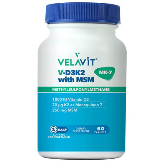 Velavit V D3 K2 With MSM 60 tablet 1000 IU D3 25 µg K2 20 µg MSM 250 mg gıda takviyesi kutu görseli- 1