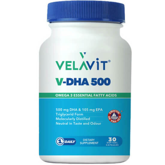 Velavit V DHA 500 mg 30 kapsül balık yağı takviyesi, 1000 mg balık yağı konsantresi, 500 mg DHA 105 mg EPA- 1