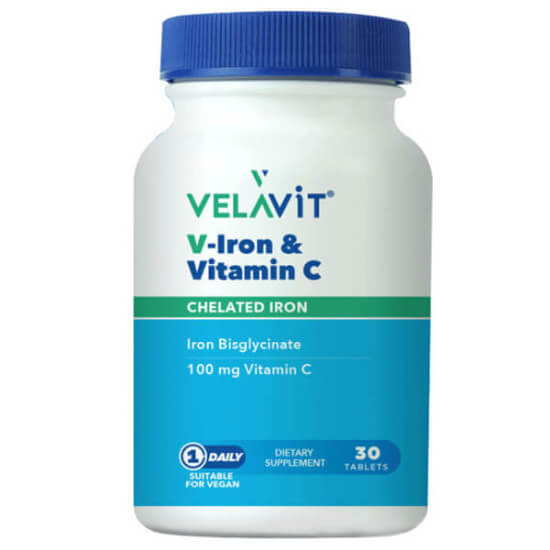 Velavit V Iron Vitamin C 30 tablet kutusu, 17 mg demir Ferrochel ve 100 mg C vitamini içeren vegan gıda takviyesi- 1