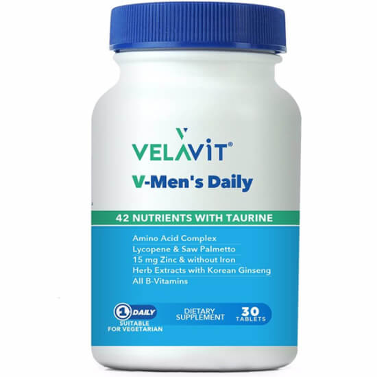 Velavit V Mens Daily erkeklere özel takviye edici gıda 30 tablet, çinko 15 mg ve C vitamini 150 mg içeren kutu- 1