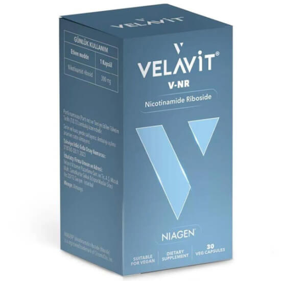 Velavit V Nr 30 kapsül takviye, 30 kapsül, kapsül başına 300 mg nikotinamid ribosid içeren ürün kutusu- 1