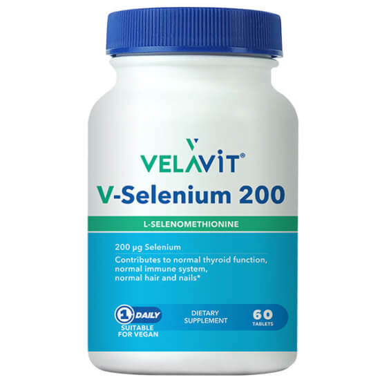 Velavit V Selenium 200 mineral takviyesi 60 tablet, tablet form, 200 mcg selenyum içeren ürün kutusu- 1