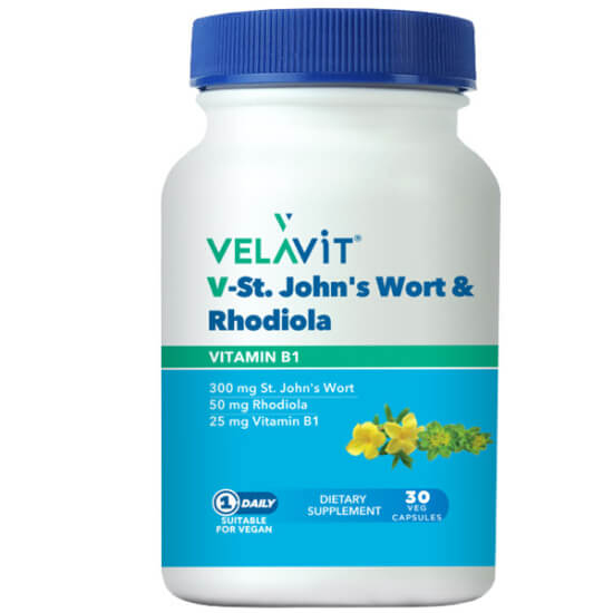 Velavit V St Johns Worth Rhodiola 30 tablet gıda takviyesi, 300 mg sarı kantaron, 50 mg rhodiola, 1,5 mg rosavin- 1