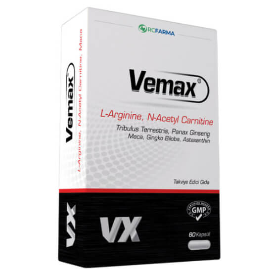 Vemax 60 kapsül L-Arjinin HCL 400 mg Tribulus 250 mg Maca 200 mg Panax Ginseng 80 mg titanyum dioksitsiz helal- 1