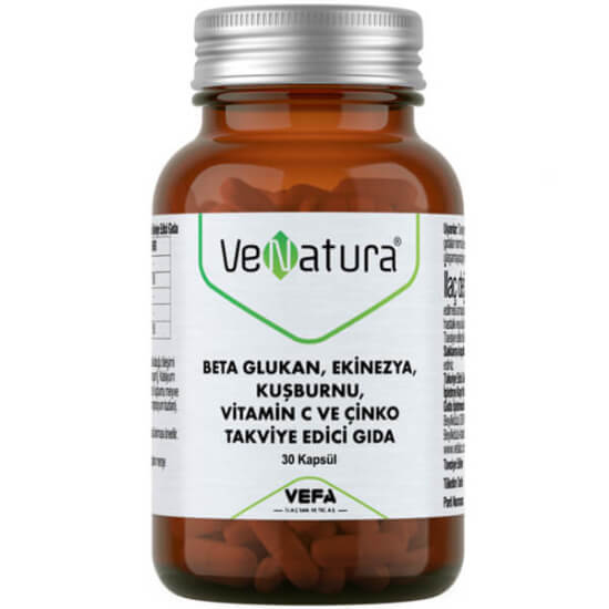 Venatura Beta Glukan Ekinezya Kuşburnu 30 kapsül, 300 mg beta glukan, 120 mg C vitamini, 15 mg çinko içeren takviye- 1