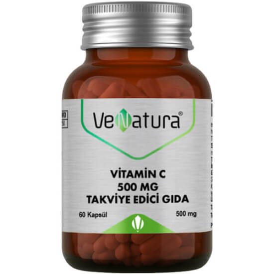 Venatura C Vitamini 500 mg 60 kapsül takviye, L-askorbik asit, 2 kapsülde 1000 mg C vitamini (%1250 BRD)- 1