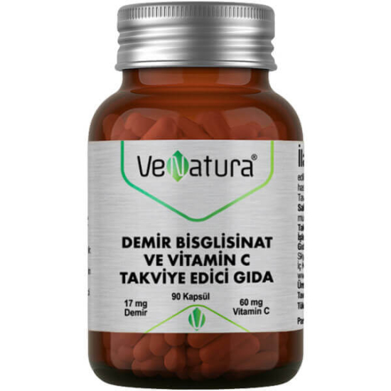 Venatura Demir Bisglisinat ve Vitamin C 90 kapsül takviye, kapsül başı 17 mg demir bisglisinat ve 60 mg C vitamini- 1