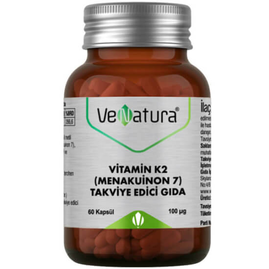 Venatura K2 MK-7 100 µg 60 kapsül, vitamin K2 menakuinon-7 takviye edici gıda, kapsül form ürün kutusu- 1