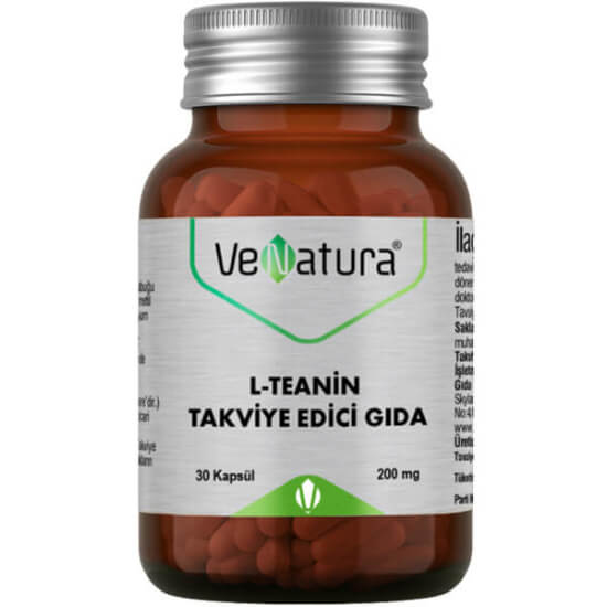 Venatura L-Teanin 30 kapsül takviye, her kapsülde 200 mg L-teanin, 11 yaş ve üzeri kullanım, kutu ambalaj- 1