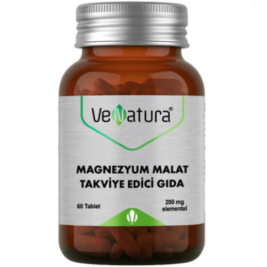Venatura Magnezyum Malat 60 tablet takviye, her tablette 200 mg elementel magnezyum, 11 yaş üzeri, günde 1 tablet- 1