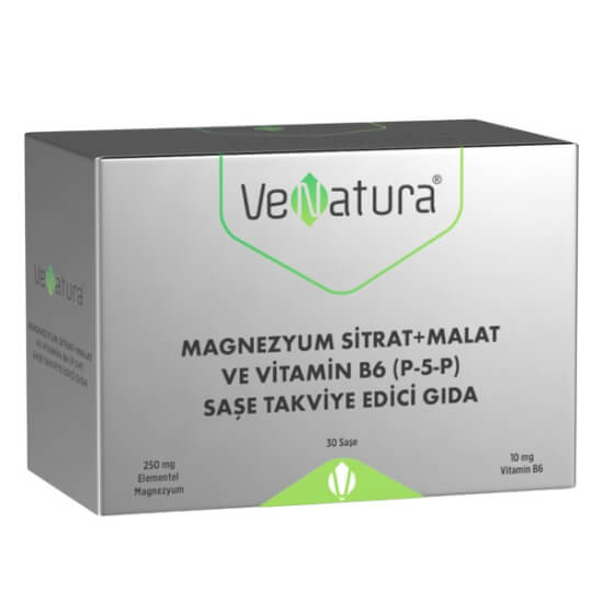 Venatura Magnezyum Sitrat Malat ve Vitamin B6 P5P 30 saşe, 1 saşede 250 mg magnezyum 10 mg B6- 1