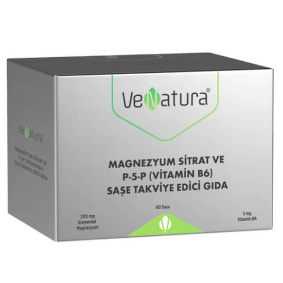 Venatura Magnezyum Sitrat P5P Vitamin B6 60 saşe, 200 mg magnezyum, 5 mg B6, saşe form gıda takviyesi kutu- 1