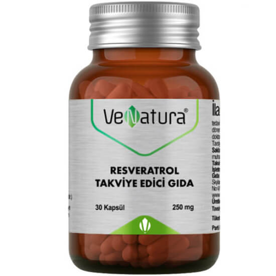 Venatura Resveratrol 30 kapsül takviye edici gıda 250 mg resveratrol içeren kapsül ürün kutusu- 1