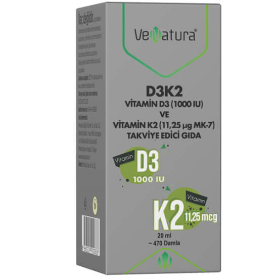 Venatura Vitamin D3 ve K2 Menaquinon 7 20 ml damla, 25 µg D3 ve 20 µg K2 içeren gıda takviyesi şişesi- 1
