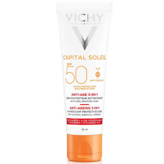 Vichy Capital Soleil Anti Aging SPF 50 50 ml yaşlanma karşıtı yüz güneş kremi siyah çay özü C vitamini hassas cilt- 1