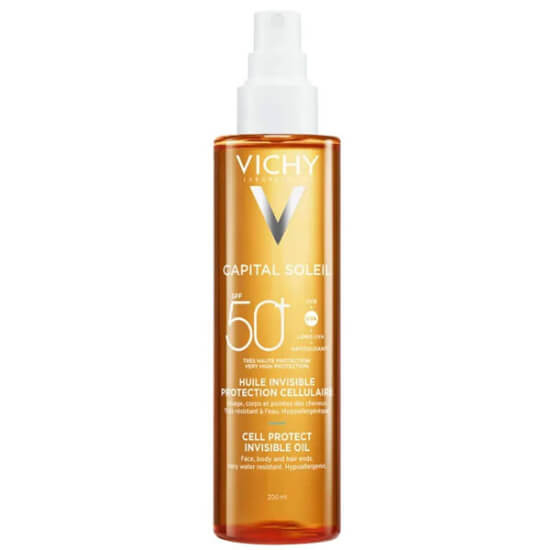 Vichy Capital Soleil Cell Protect Oil SPF 50 güneş yağı 200 ml yüz vücut saç için yüksek koruma hafif yapı kuruluk karşıtı- 1