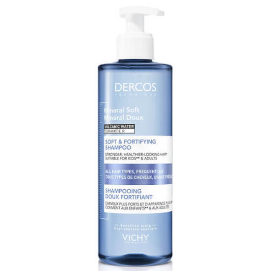 Vichy Dercos Mineral Soft Şampuan 400 ml şişe, minerallerle zenginleştirilmiş, Vichy termal mineral suyu, tüm saç tipleri- 1