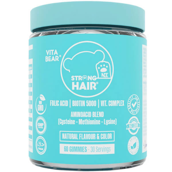Vita Bear Strong Hair Gummy 60 adet ekşi elma aromalı saç cilt tırnak vitamini 5000 mcg biotin 300 mcg folik asit- 1