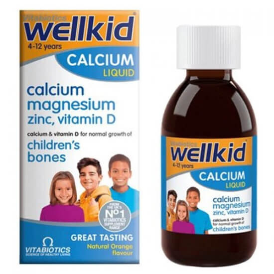 Vitabiotics Wellkid Calcium Liquid 150 ml çocuklar için sıvı takviye, 10 ml’de 300 mg kalsiyum, D3, magnezyum, çinko, bakır- 1