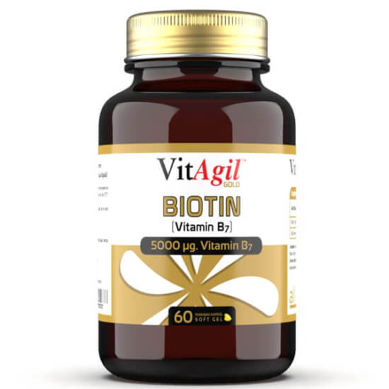 Vitagil Gold Biotin 5000 mcg Vitamin B7 içeren 60 yumuşak kapsül takviye edici gıda kutusu- 1