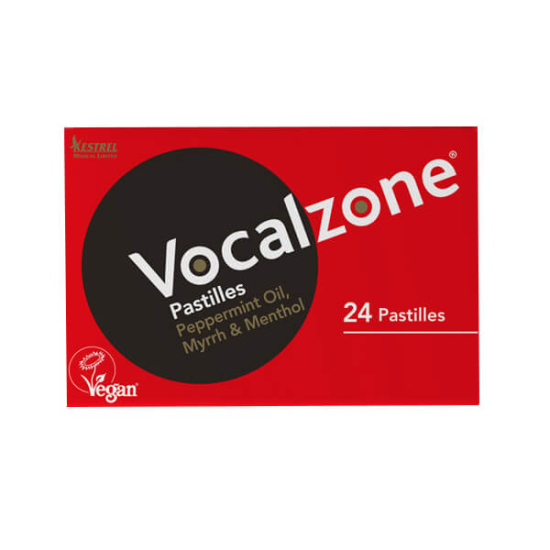 Vocalzone Klasik Pastil 24’lü vegan sertifikalı pastil; mürrisafi reçine 150,12 mg, levomentol 115,56 mg, nane yağı- 1