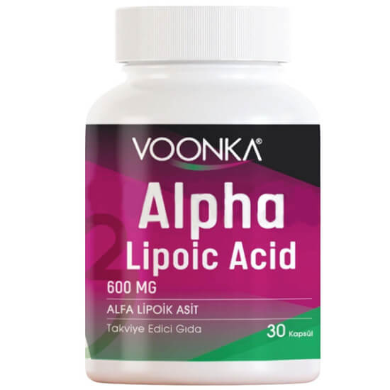 Voonka Alpha Lipoic Acid 600 mg 30 kapsül gıda takviyesi, alfa lipoik asit 600 mg içeren ürün kutusu- 1