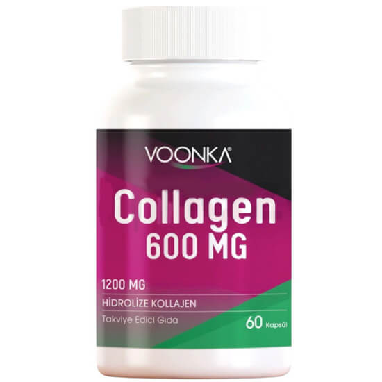 Voonka Collagen 60 kapsül hidrolize kolajen takviyesi 600 mg, 2 kapsülde 1200 mg kolajen içeren ürün kutusu- 1
