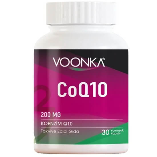 Voonka CoQ10 200 mg Koenzim Q10 ve 12 mg E vitamini içeren takviye edici gıda 30 yumuşak kapsül kutusu- 1