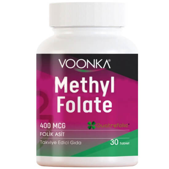 Voonka Methyl Folate 30 Tablet 400 mcg metil folat içeren gıda takviyesi ürün kutusu 30 tablet- 1