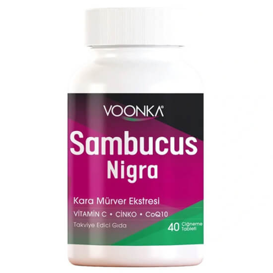 Voonka Sambucus Nigra 40 çiğneme tableti 500 mg kara mürver ekstresi 200 mg C vitamini 4 mg çinko 10 mg Koenzim Q10- 1