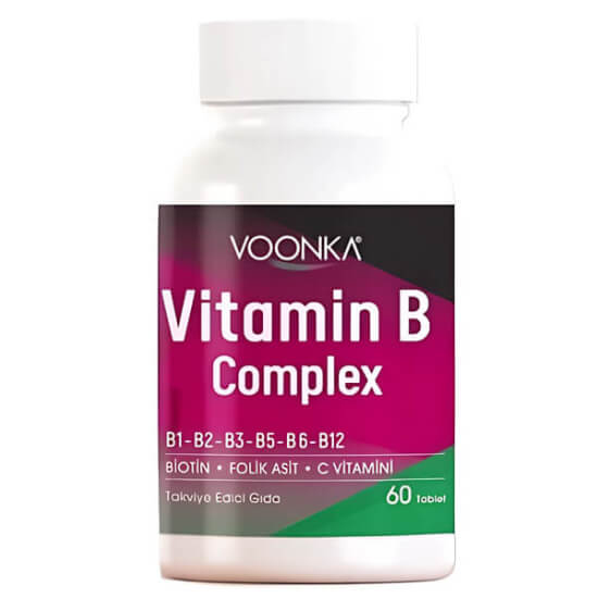 Voonka Vitamin B Complex 60 tablet B12 B6 folik asit biotin ve 147 mg C vitamini içeren takviye edici gıda- 1