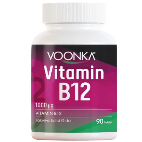 Voonka Vitamin B12 1000 µg takviye edici gıda 90 tablet kutu ambalajı, günlük 1 tablet kullanım- 1