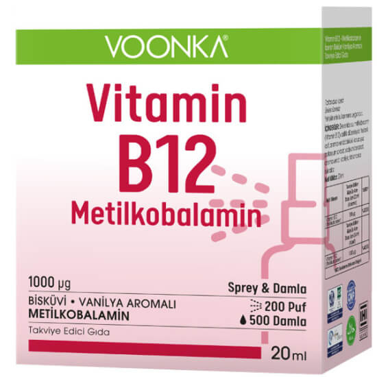 Voonka Vitamin B12 metilkobalamin sprey damla 20 ml, şeker ilavesiz, 1000 µg/4 puf 500 µg/5 damla- 1