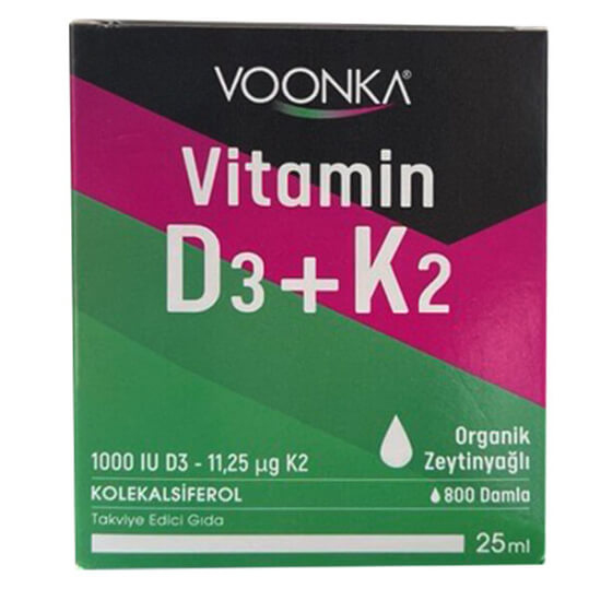 Voonka Vitamin D3 K2 damla 25 ml 800 damla 2 damlada 1000 IU D3 11,25 µg K2 MK7 organik zeytinyağlı- 1