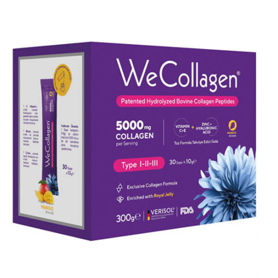 Wecollagen Tip 1 2 3 toz kolajen saşe 30x10 g, 1 saşe 5000 mg hidrolize kolajen, 100 mg C vitamini, 50 mg HA- 1