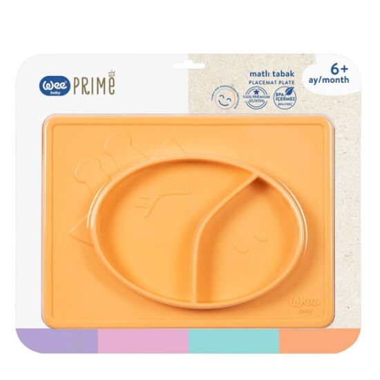 Wee Baby 925 Prime matlı tabak turuncu, +6 ay bebekler için silikon BPA içermez, 2 bölmeli, mat tabanlı mama tabağı- 1