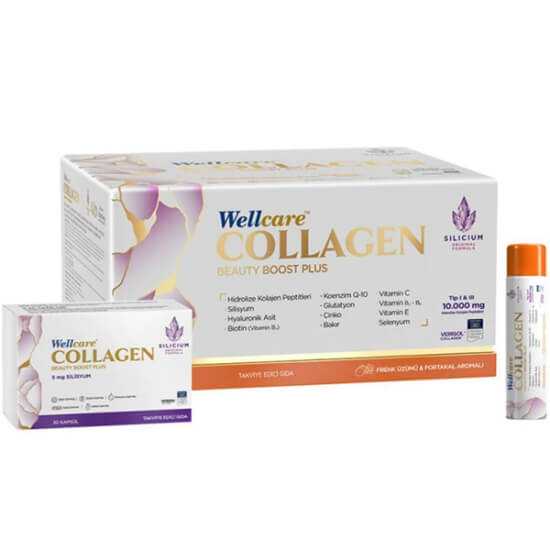 Wellcare Collagen Beauty Boost Plus 10000 mg Frenk üzümü portakal 30x40 ml tüp + 30 silisyum kapsül C vitamini- 1