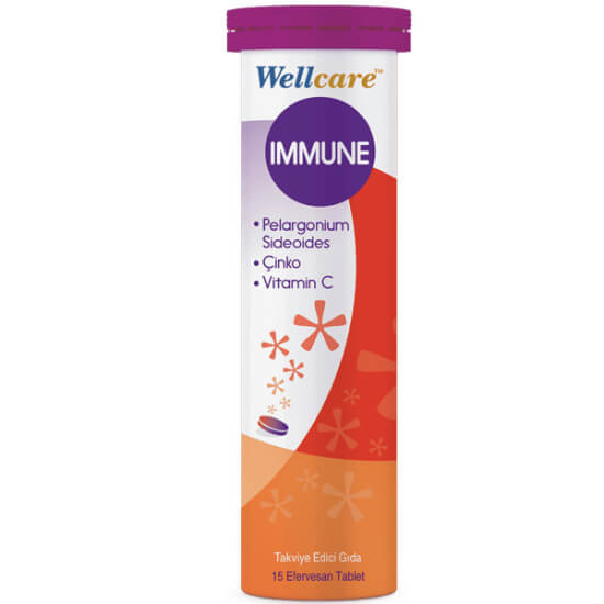 Wellcare Immune 15 efervesan tablet tüpü C vitamini 100 mg çinko 7,5 mg Pelargonium sidoides kökü ekstresi 30 mg- 1