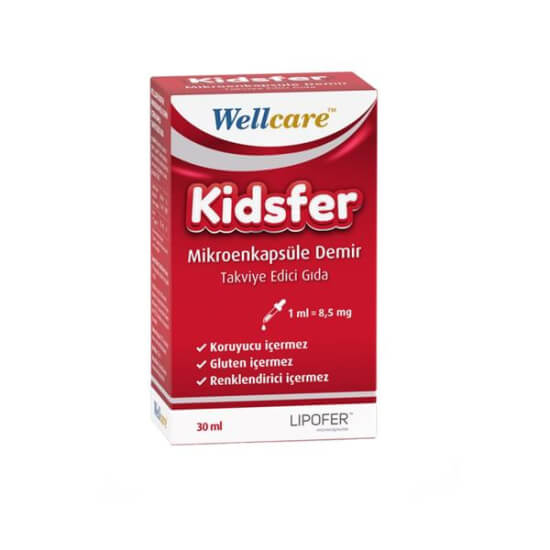 Wellcare Kidsfer demir damla 30 ml, 1 ml’de 8,5 mg Lipofer mikroenkapsüle demir, koruyucu ve gluten içermez- 1
