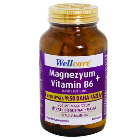 Wellcare Magnezyum B6 Vitamini 90 tablet, 200 mg magnezyum sitrat malat bisglisinat, 10 mg B6, vegan glütensiz- 1